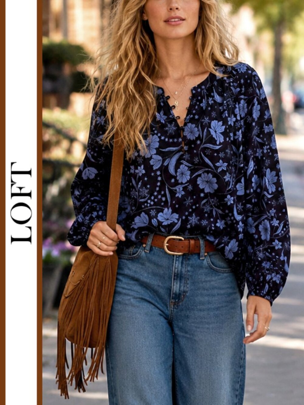 LOFT | 'Snowflake Bloom' Cotton Henley Blouse